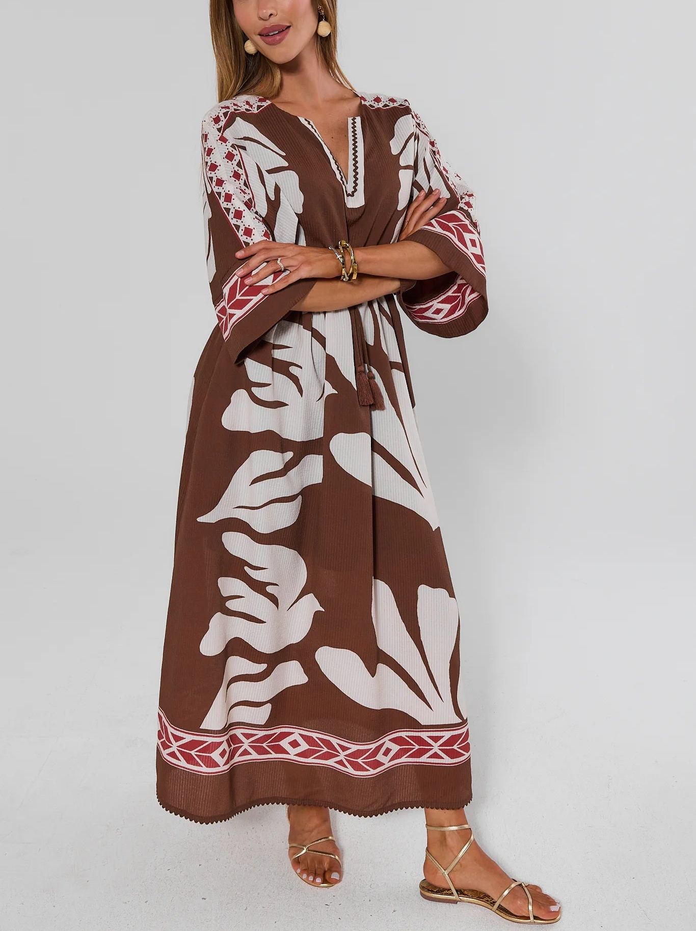 Brown Palm Print Maxi Dress