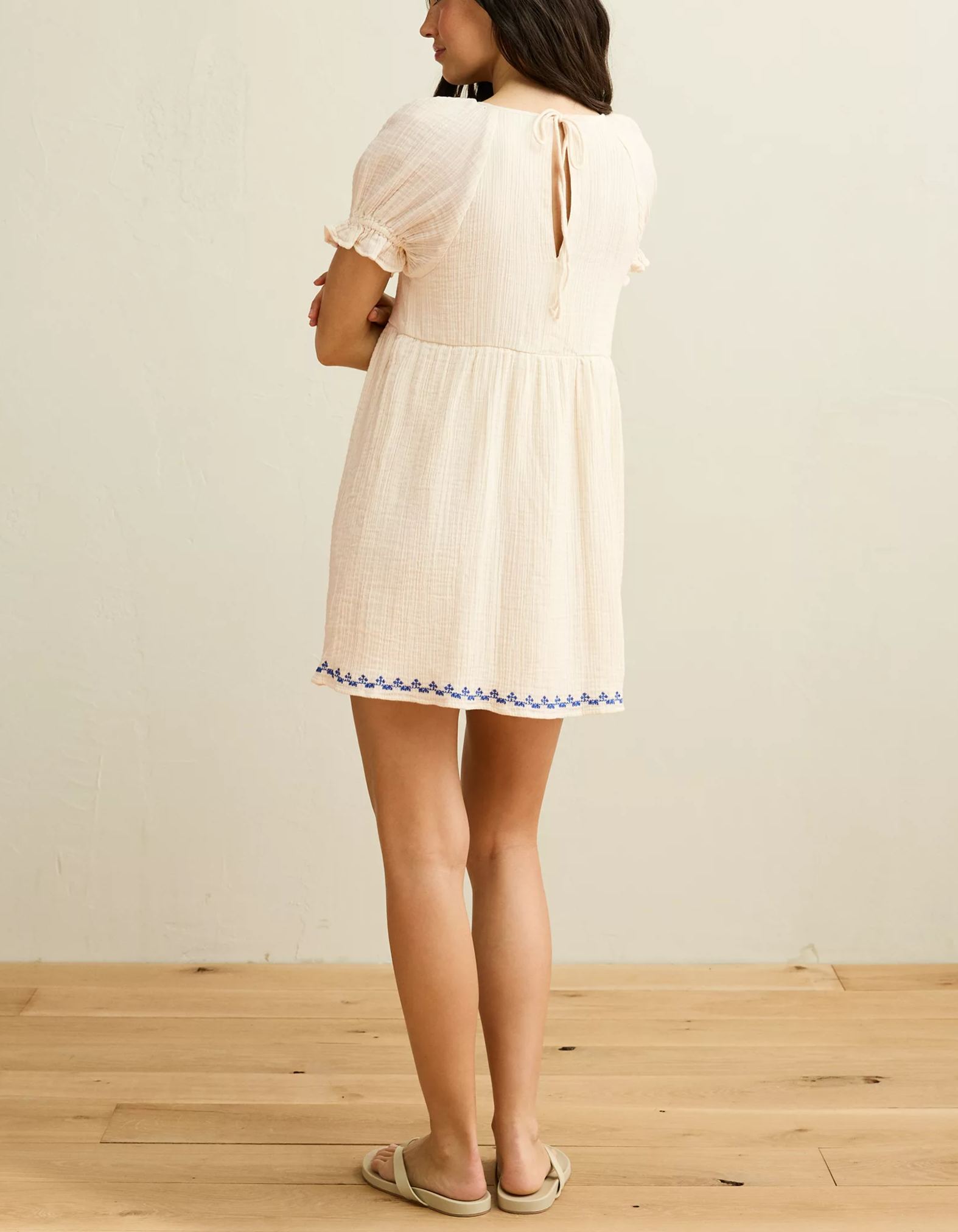Embroidered Puff-Sleeve Babydoll Mini Dress