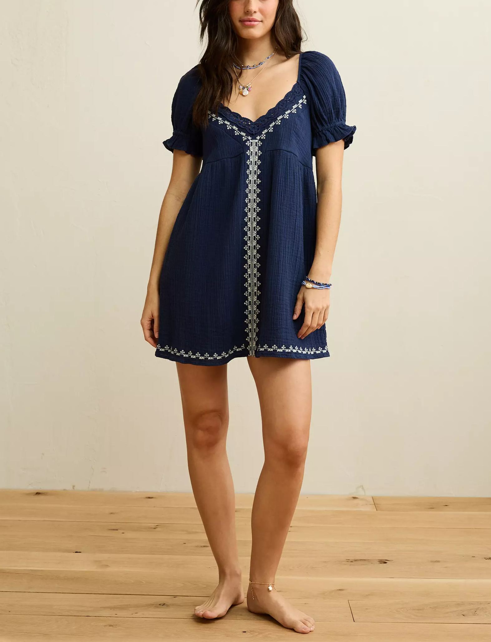Embroidered Puff-Sleeve Babydoll Mini Dress