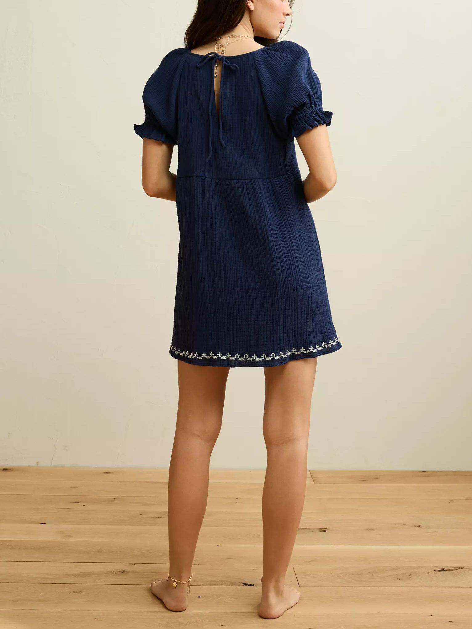 Embroidered Puff-Sleeve Babydoll Mini Dress