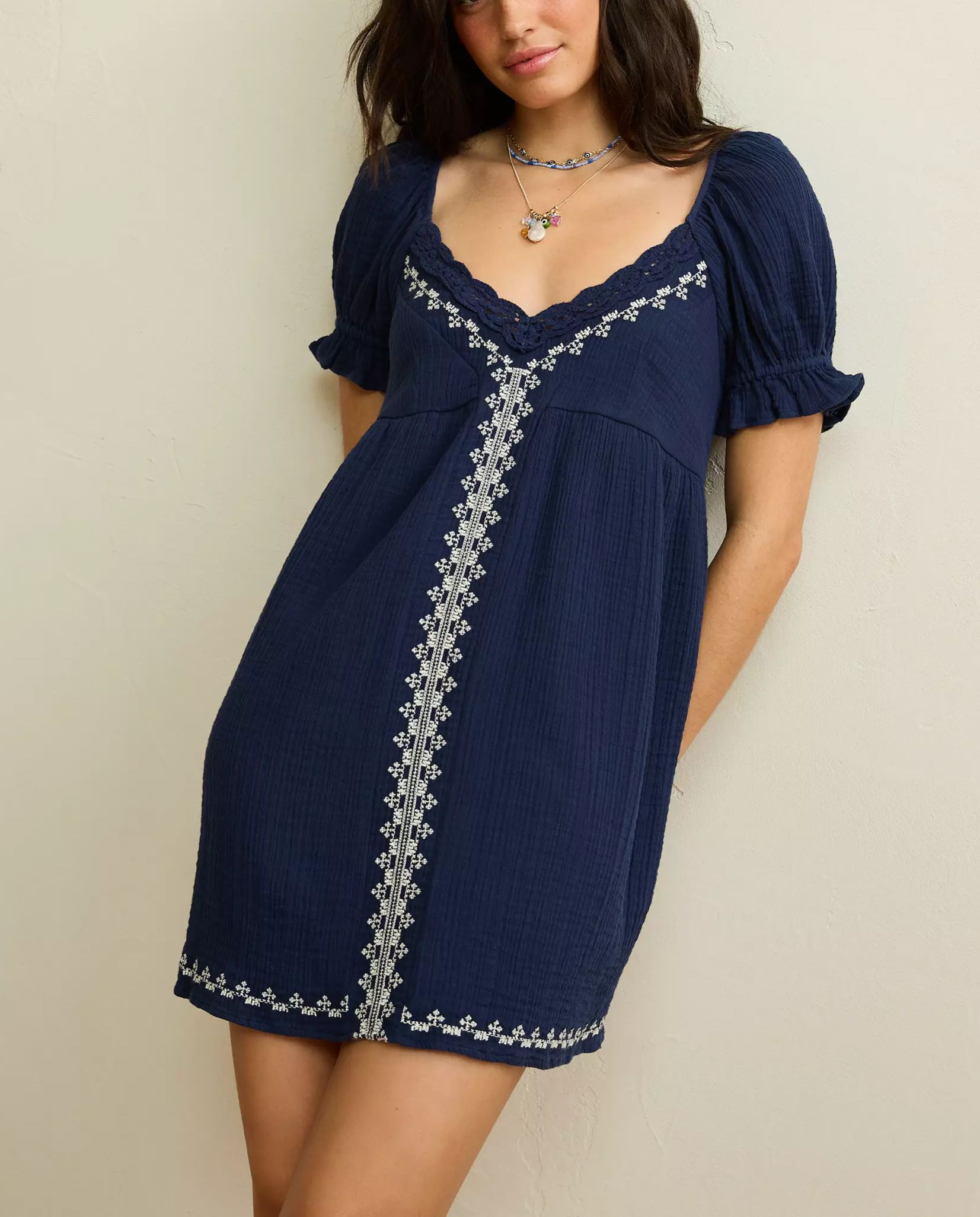 Embroidered Puff-Sleeve Babydoll Mini Dress