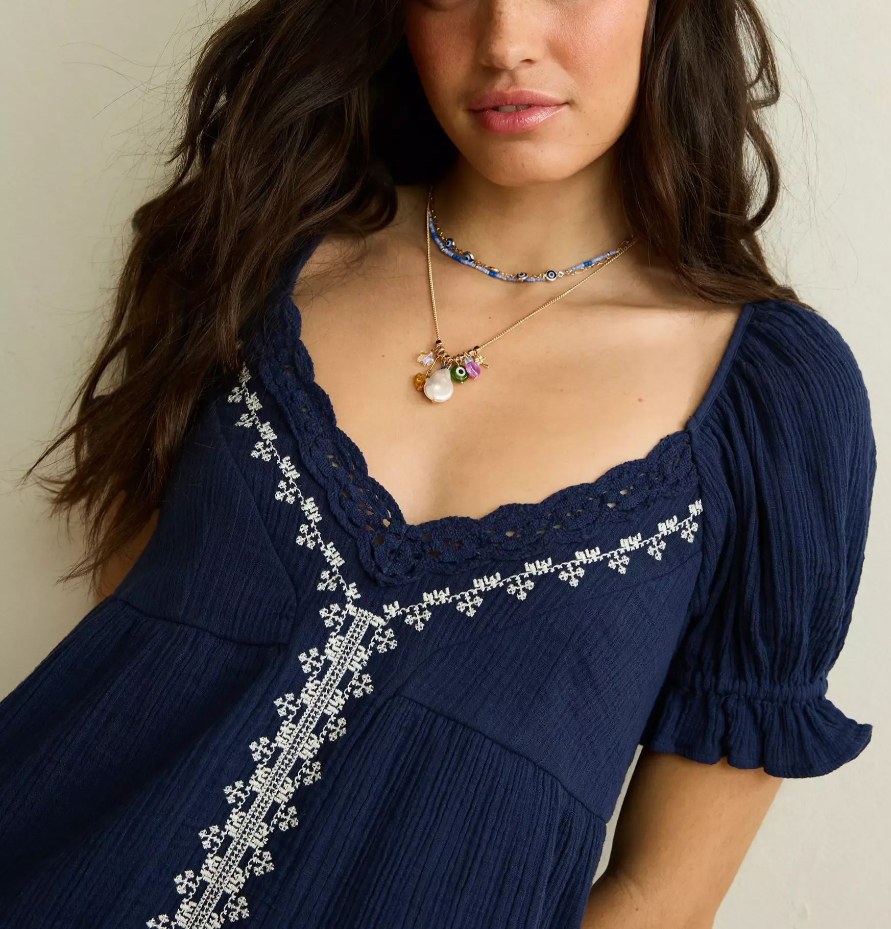 Embroidered Puff-Sleeve Babydoll Mini Dress