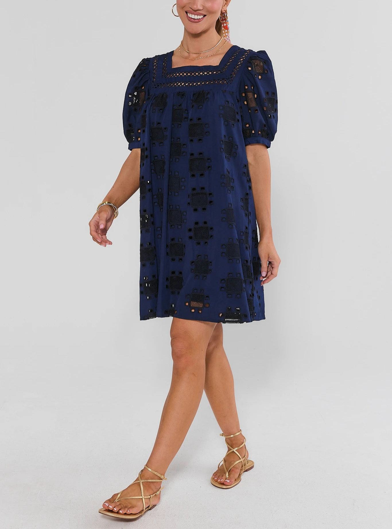 Navy Eyelet Square Neck Short Dress