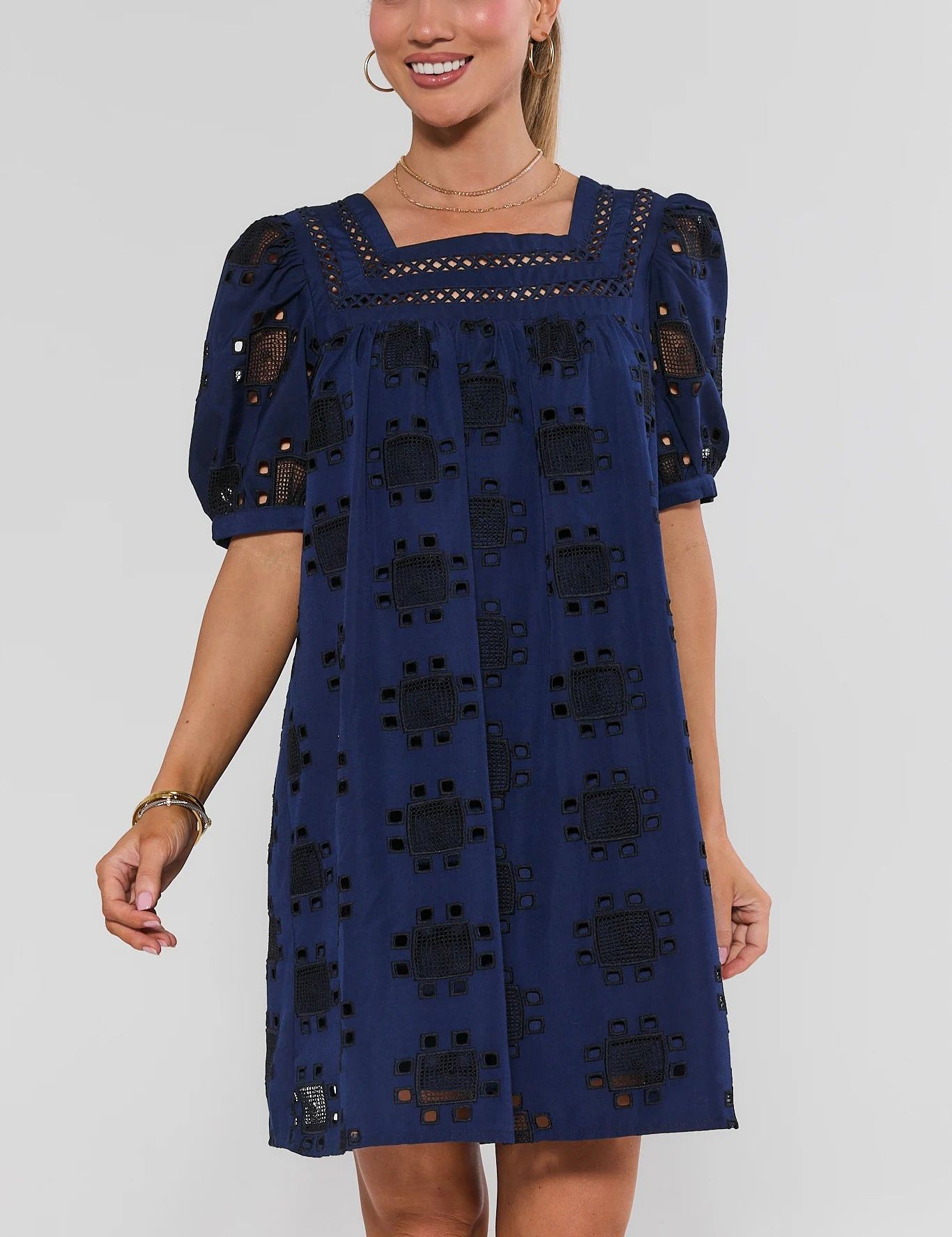 Navy Eyelet Square Neck Short Dress