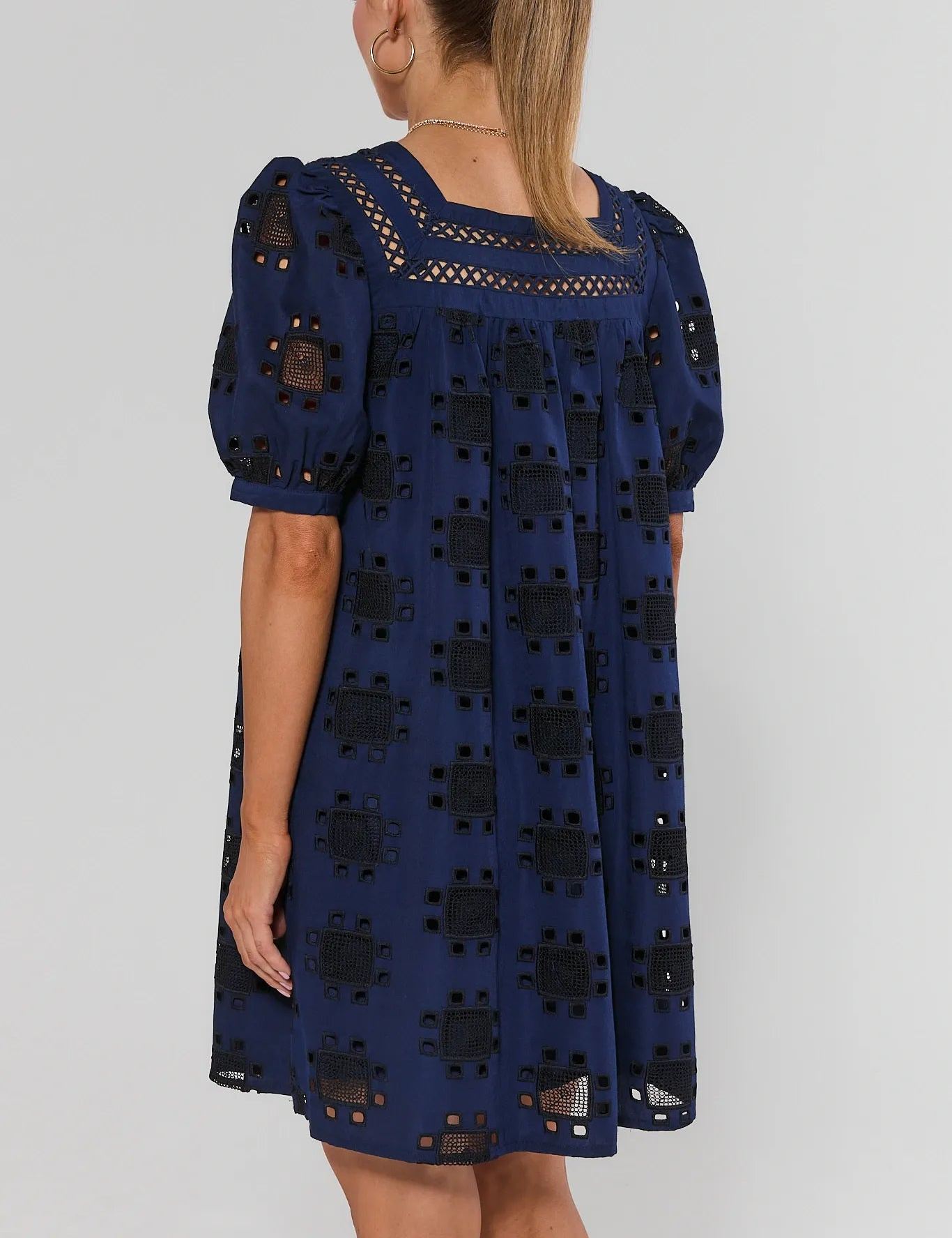 Navy Eyelet Square Neck Short Dress