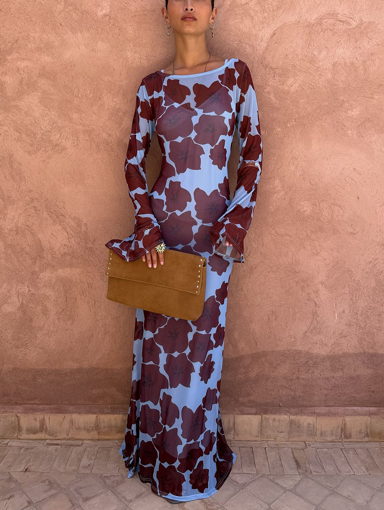 Floral Printed Boat Neck Long Sleeve Dress