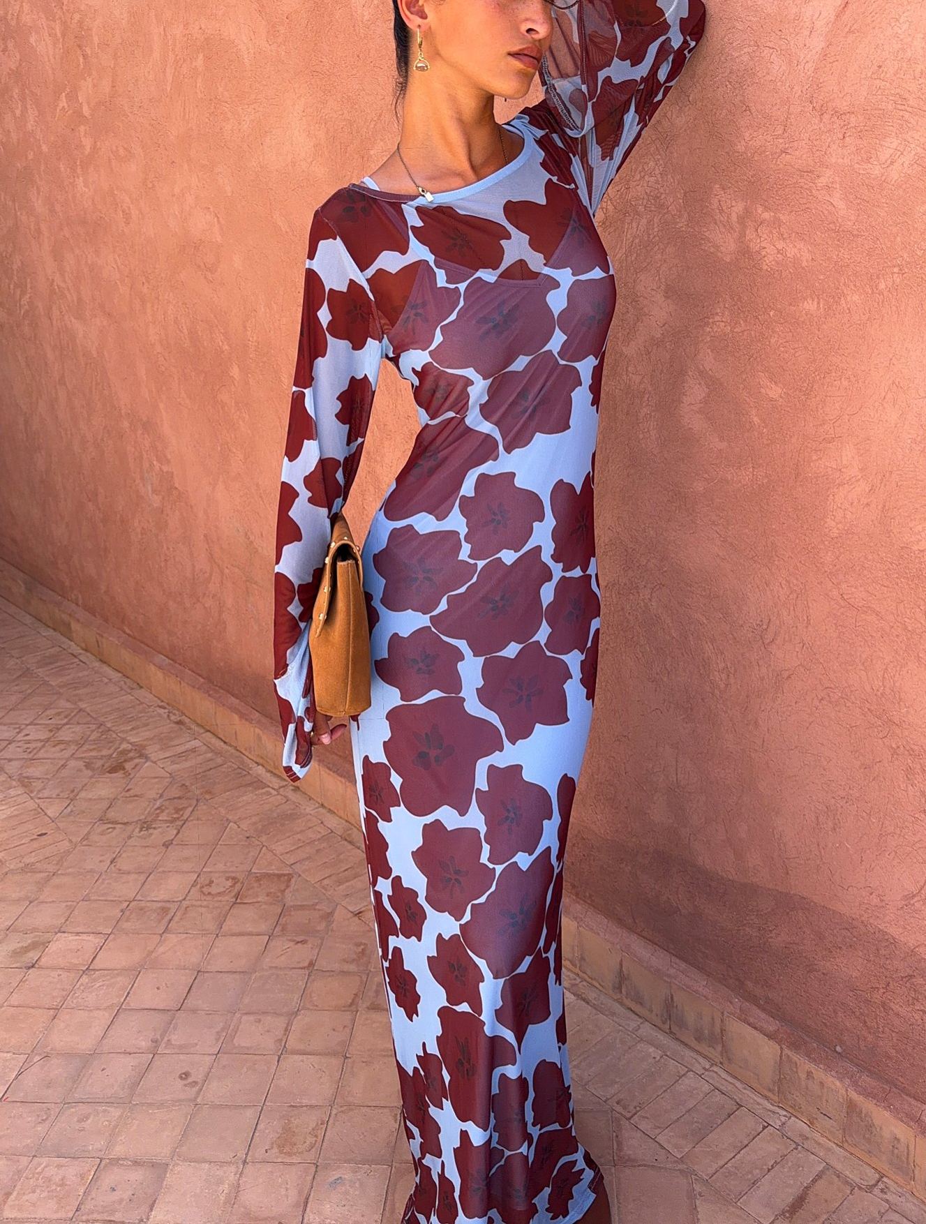 Floral Printed Boat Neck Long Sleeve Dress