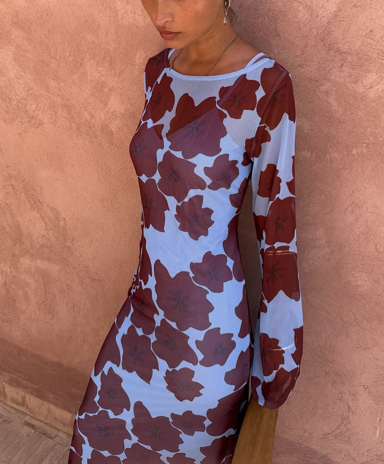 Floral Printed Boat Neck Long Sleeve Dress