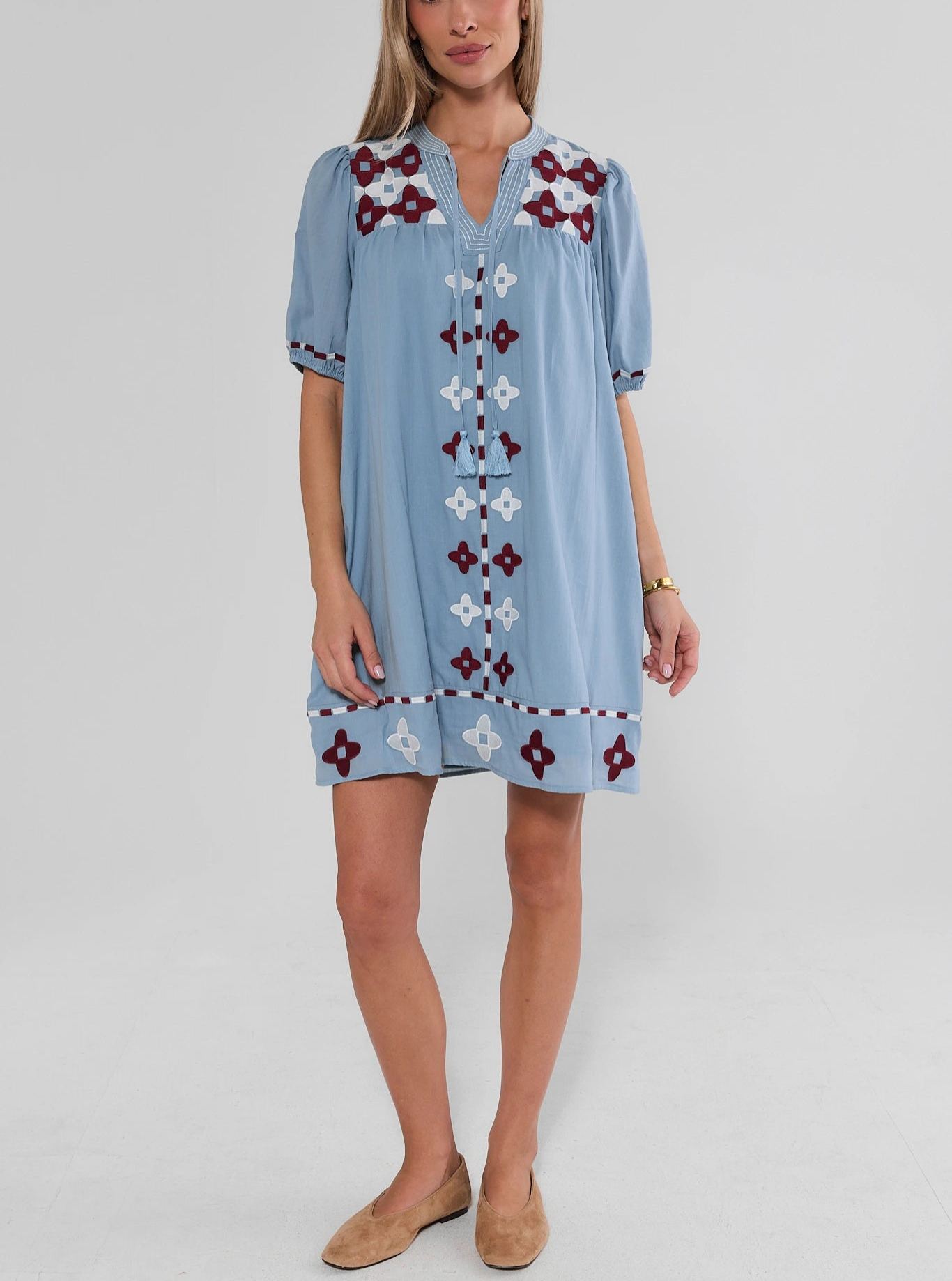 Blue Embroidered Tassel Detail Short Dress