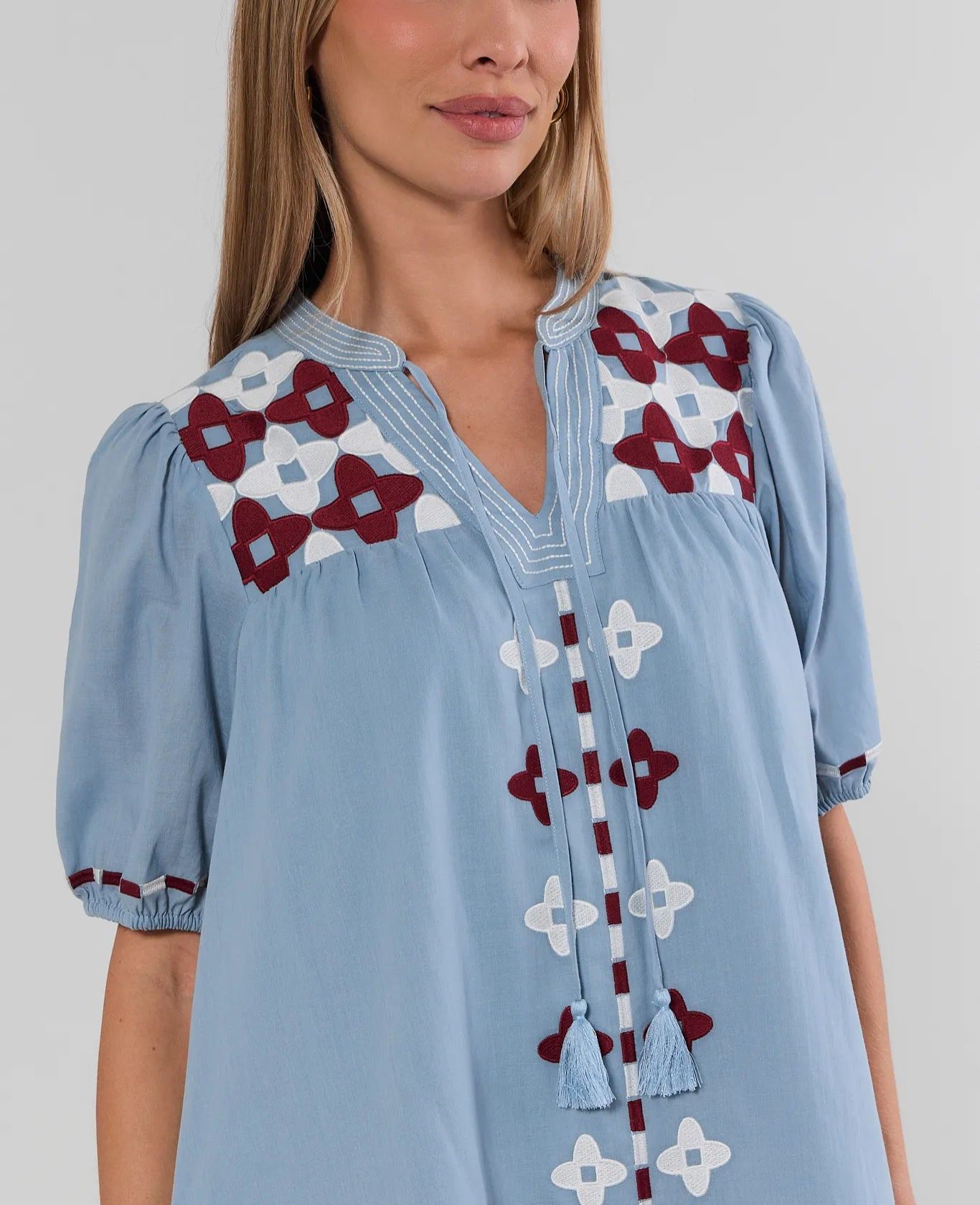 Blue Embroidered Tassel Detail Short Dress