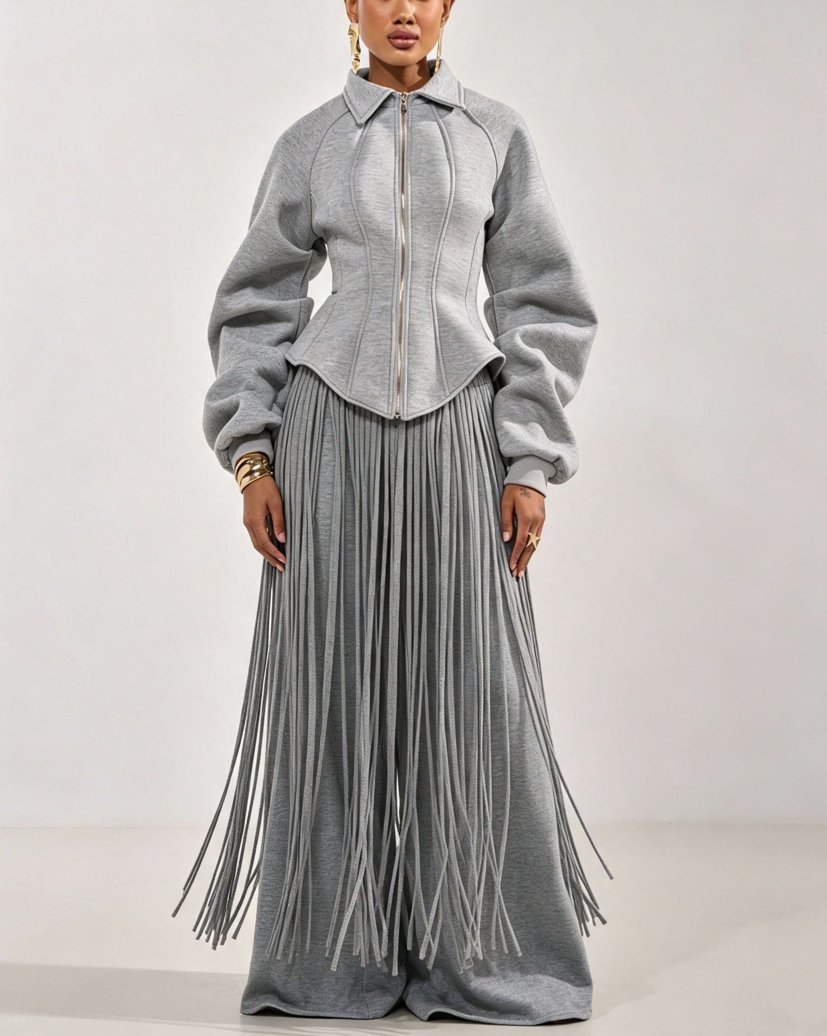 Sculptural Jacket & Fringe Wide-Leg Jogger Set