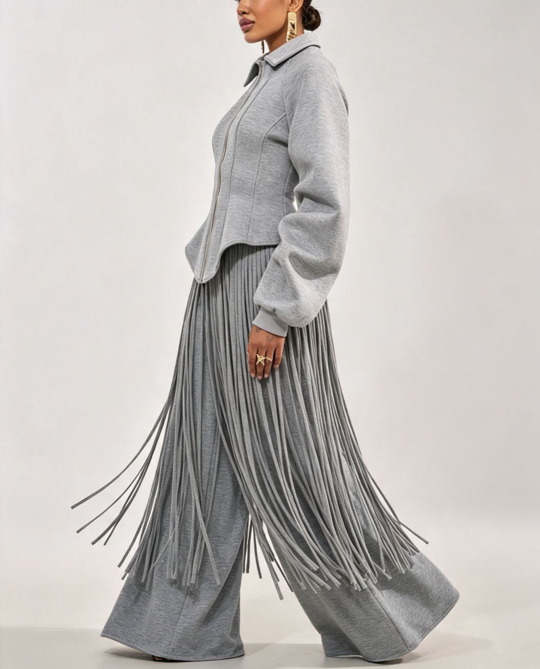 Sculptural Jacket & Fringe Wide-Leg Jogger Set