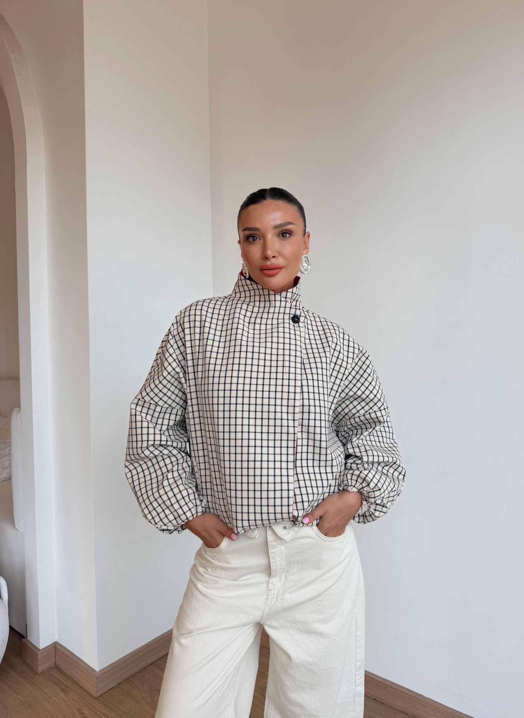 Lace-Up Plaid Trim Jacket