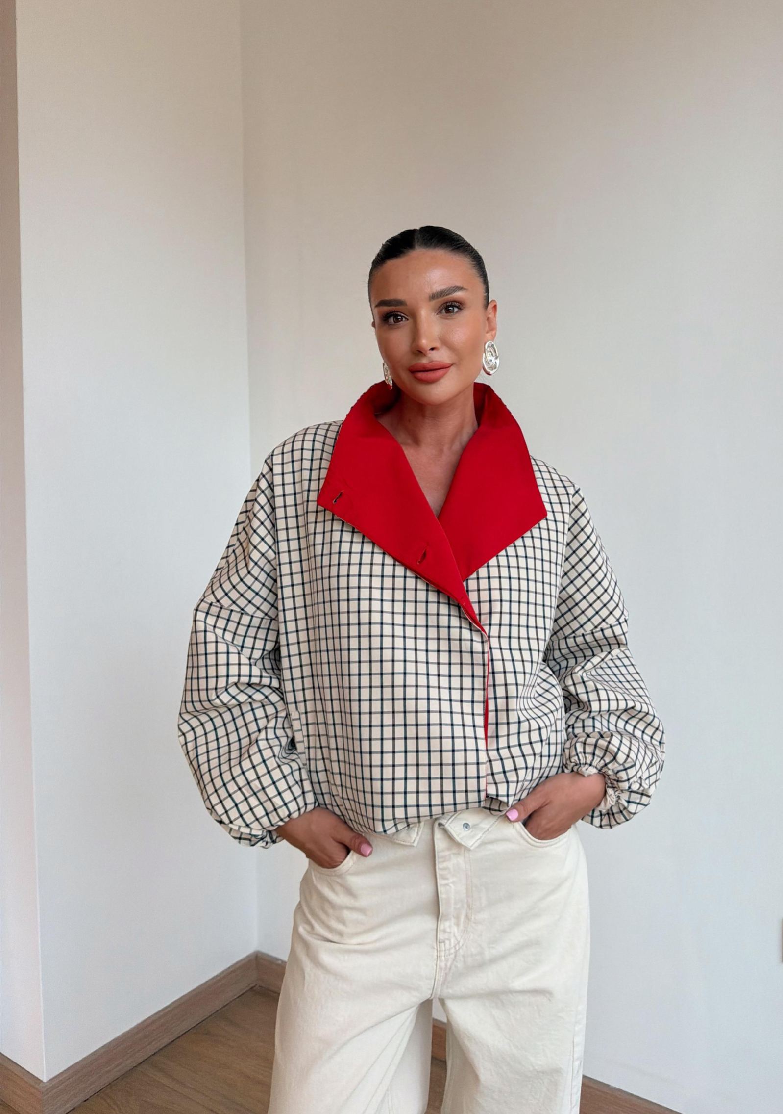 Lace-Up Plaid Trim Jacket