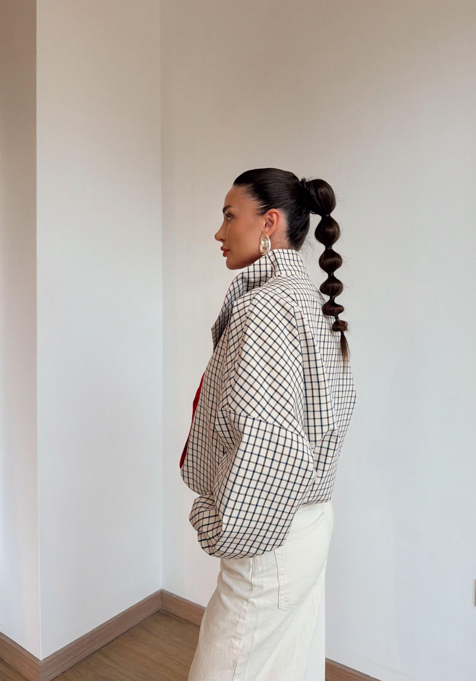 Lace-Up Plaid Trim Jacket