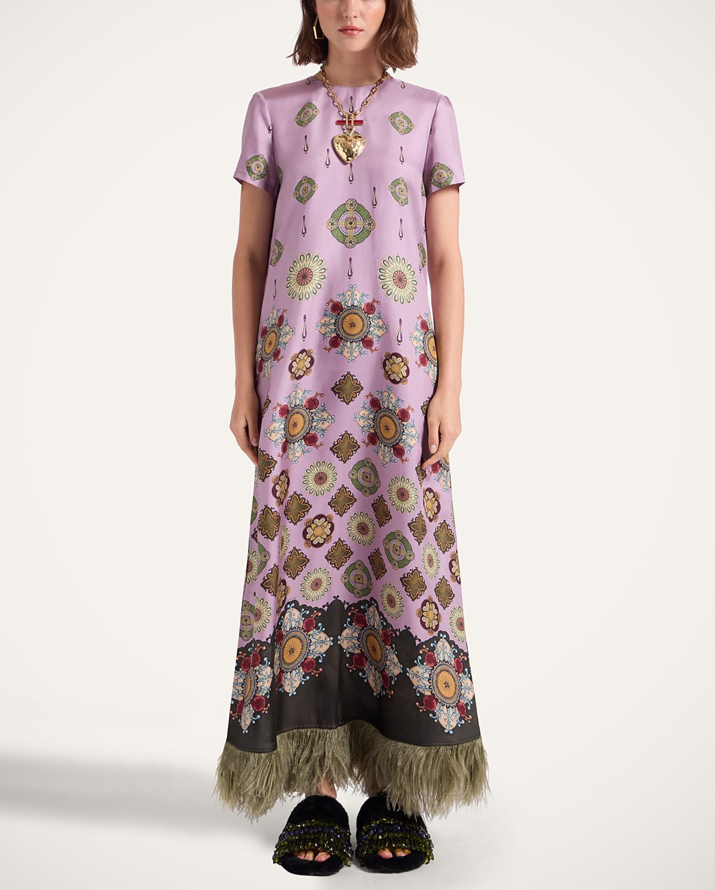 Swing Feather-Trimmed Maxi Dress