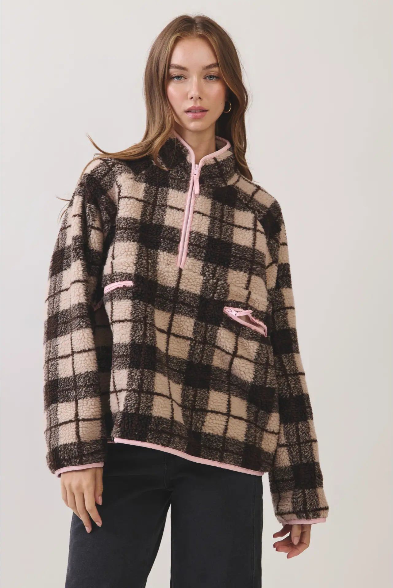 Pink Trim Plaid Fleece Pullover