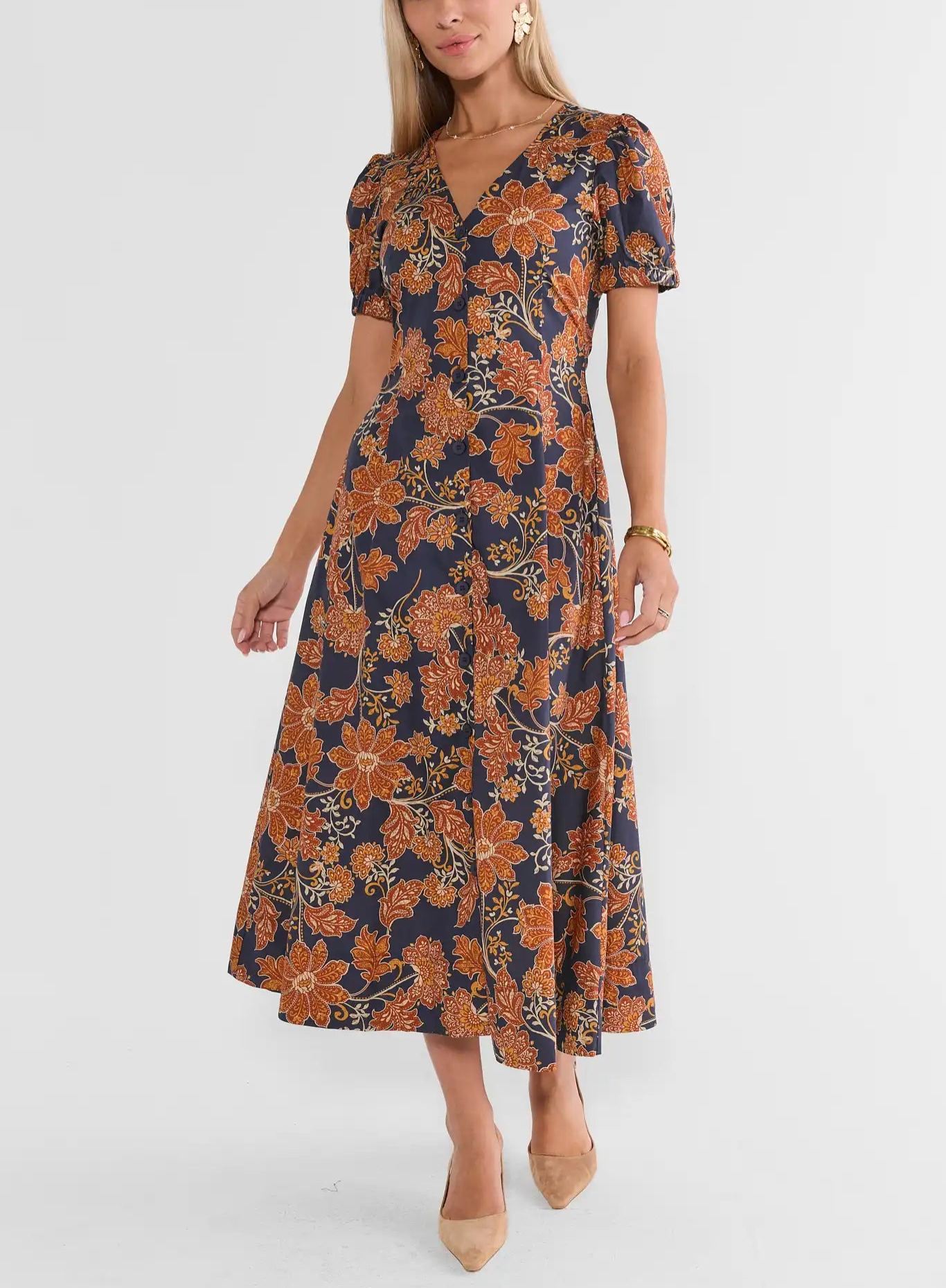 Navy Floral Printed Button Up Midi Dress