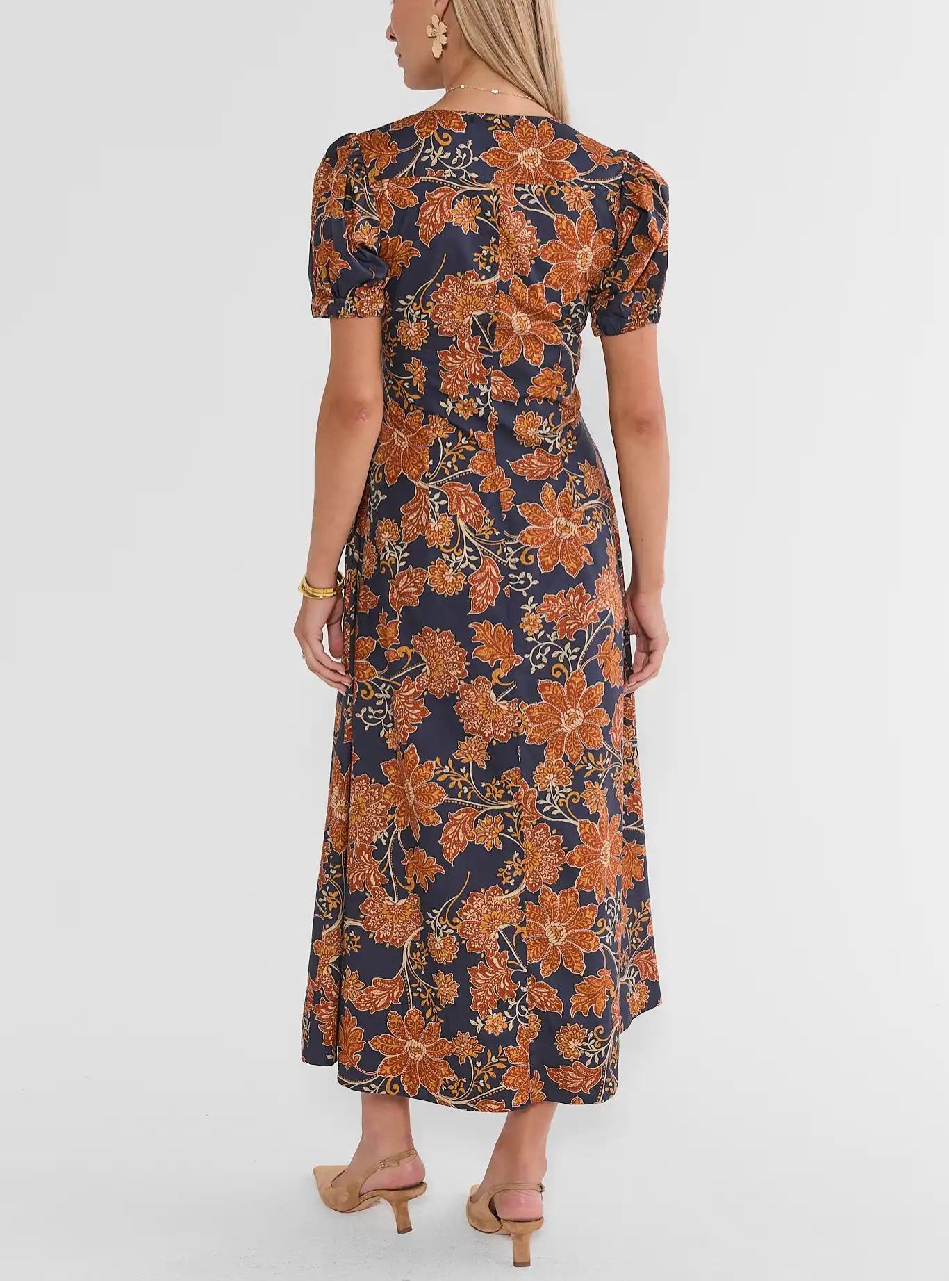 Navy Floral Printed Button Up Midi Dress