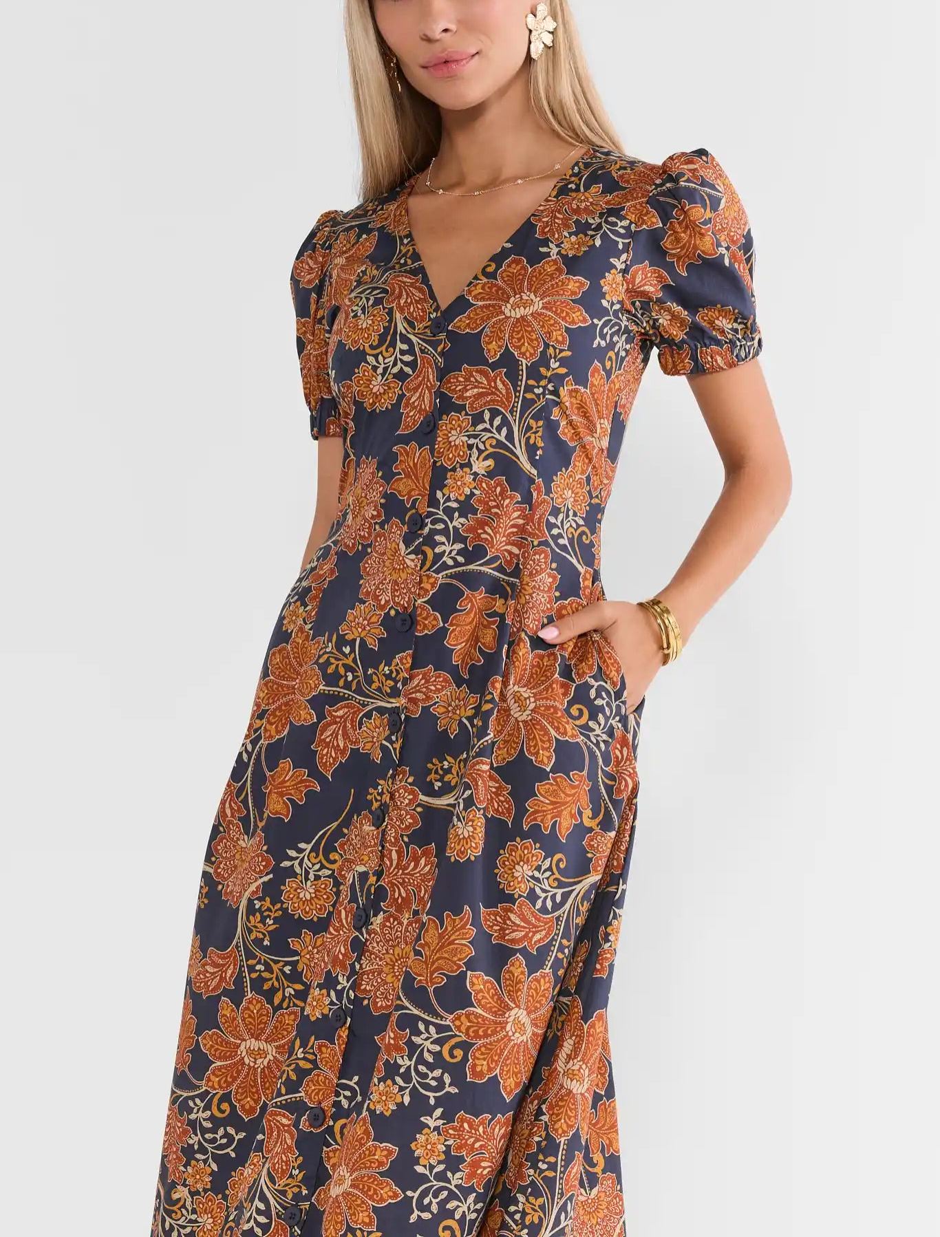 Navy Floral Printed Button Up Midi Dress