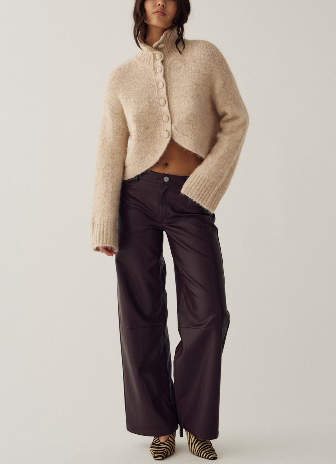 Soft Brushed High-Neck Cropped Cardigan