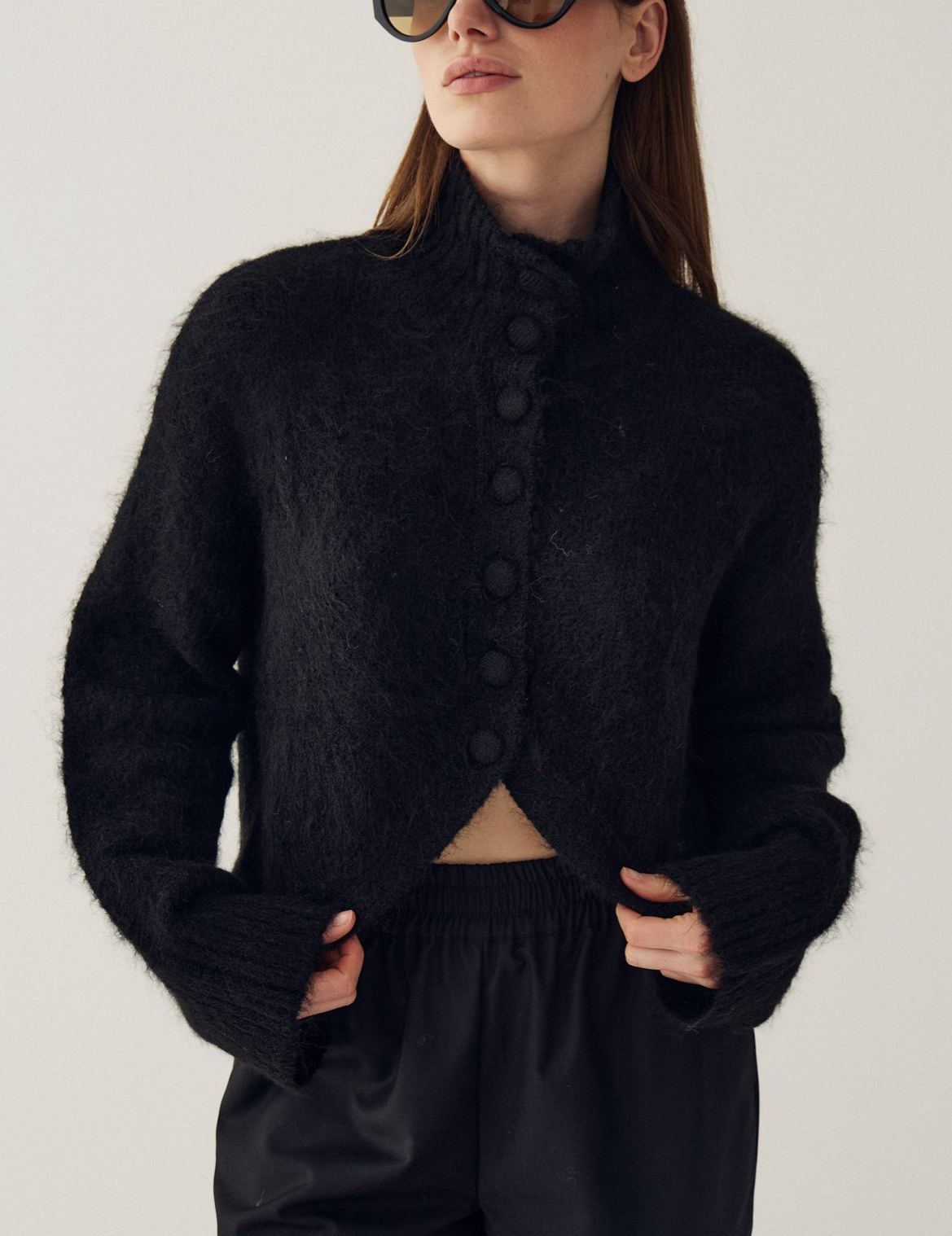 Soft Brushed High-Neck Cropped Cardigan