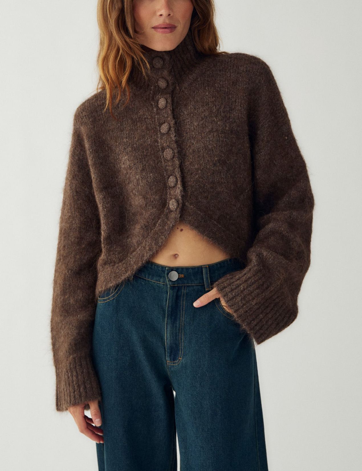 Soft Brushed High-Neck Cropped Cardigan