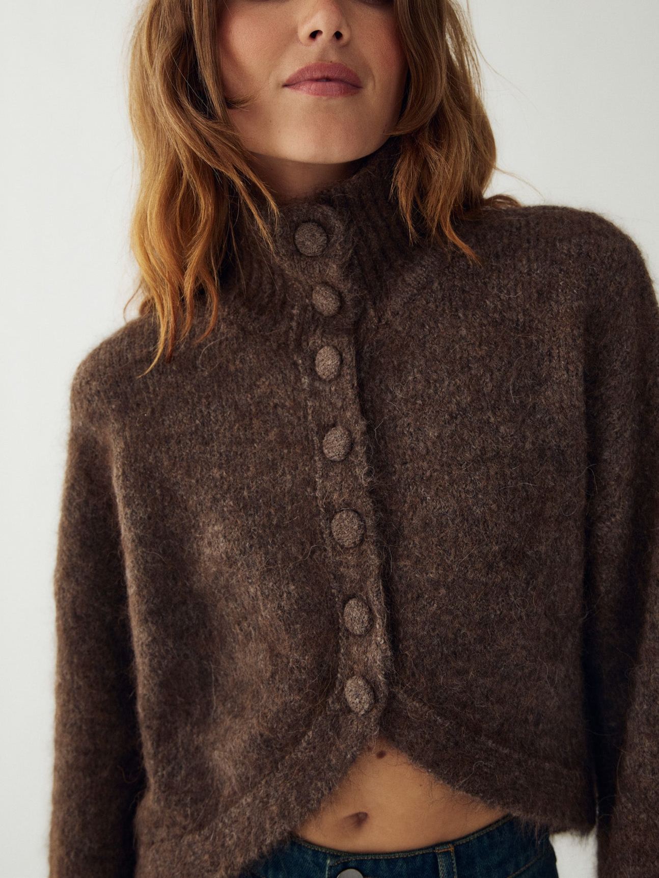 Soft Brushed High-Neck Cropped Cardigan