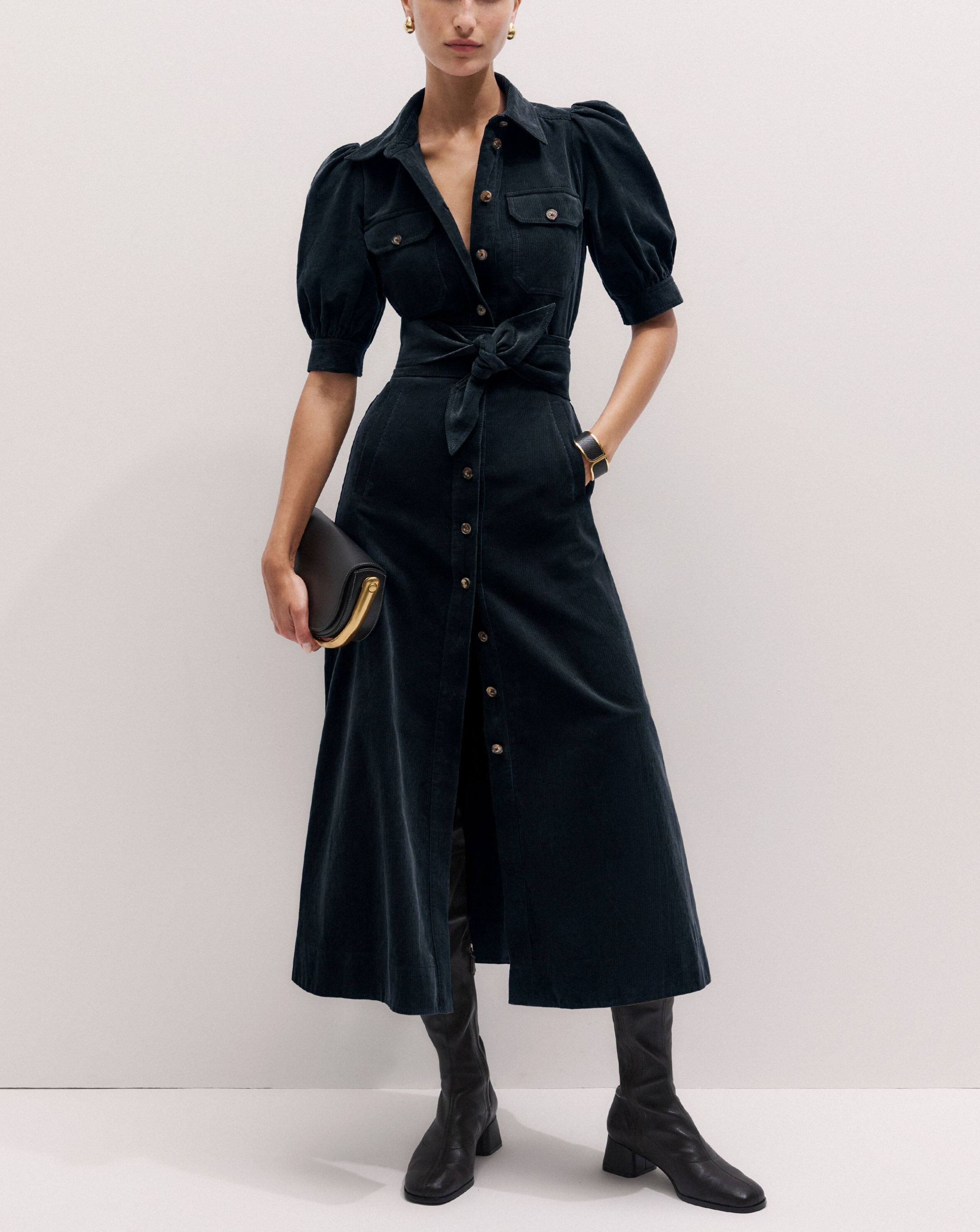 Elodie Corduroy Belted Midi Dress