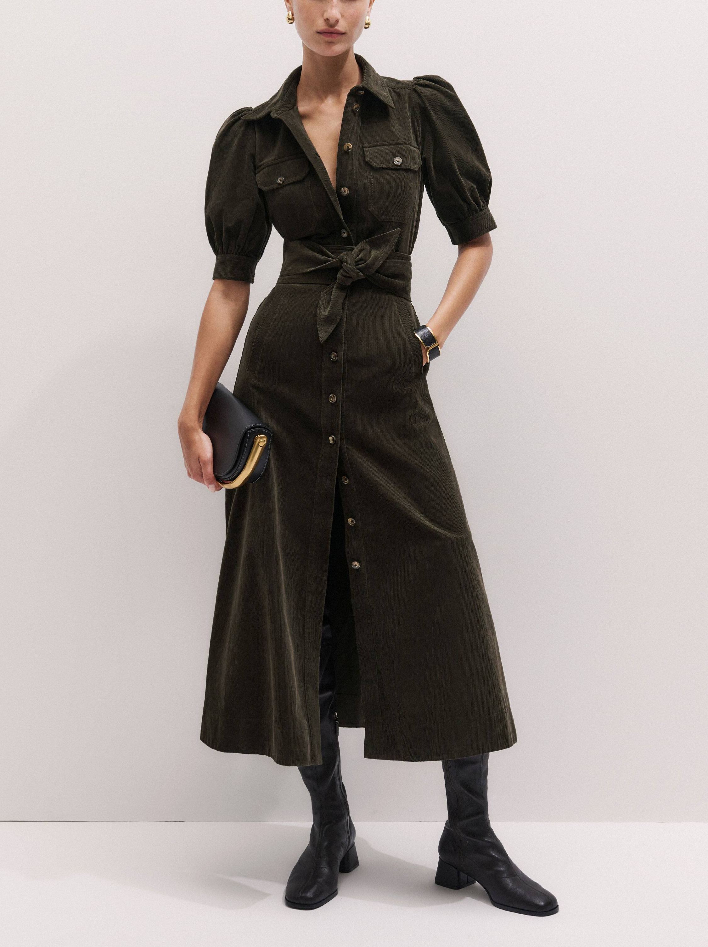 Elodie Corduroy Belted Midi Dress