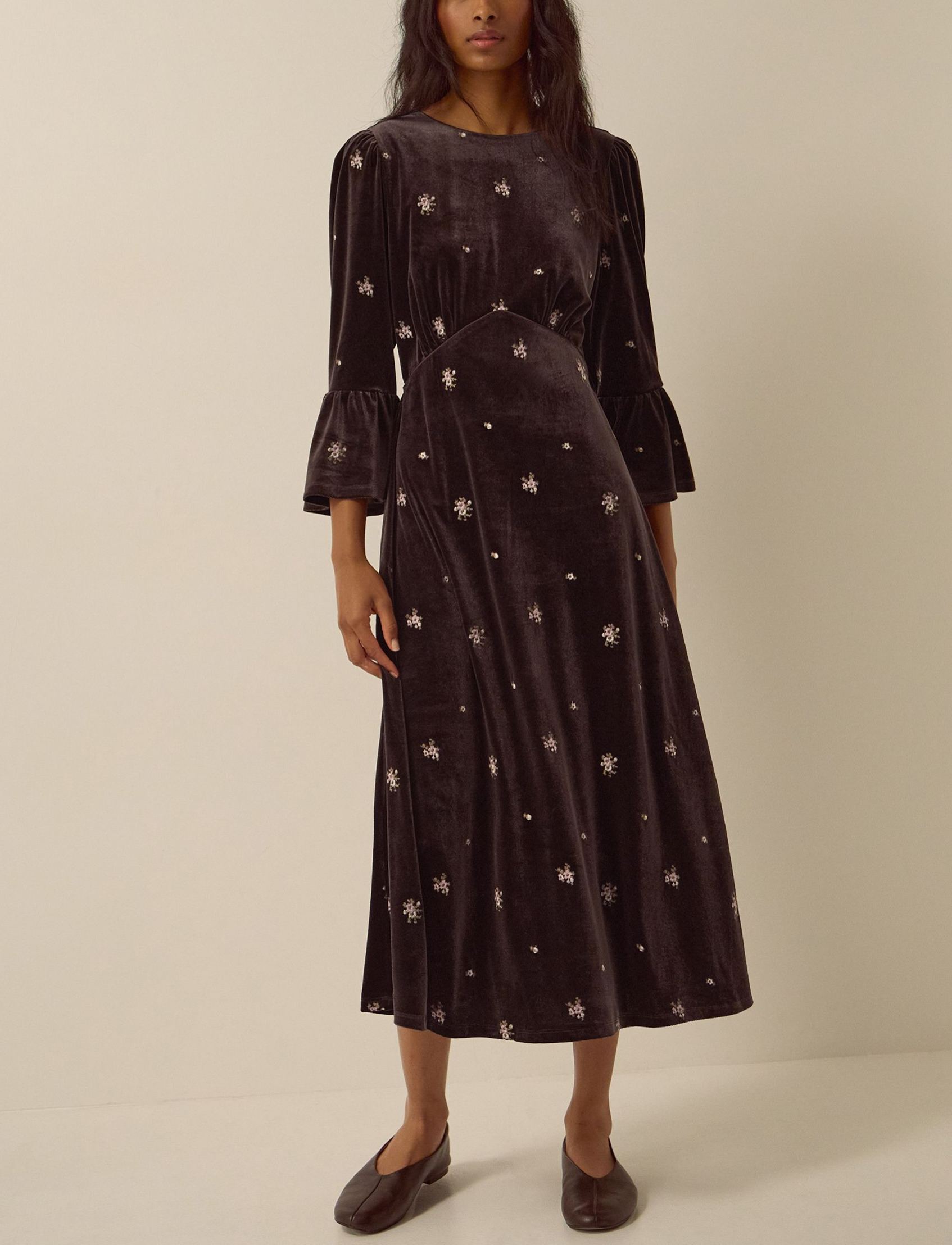 Brown Emilee Floral Embroidered Velvet Midi Dress
