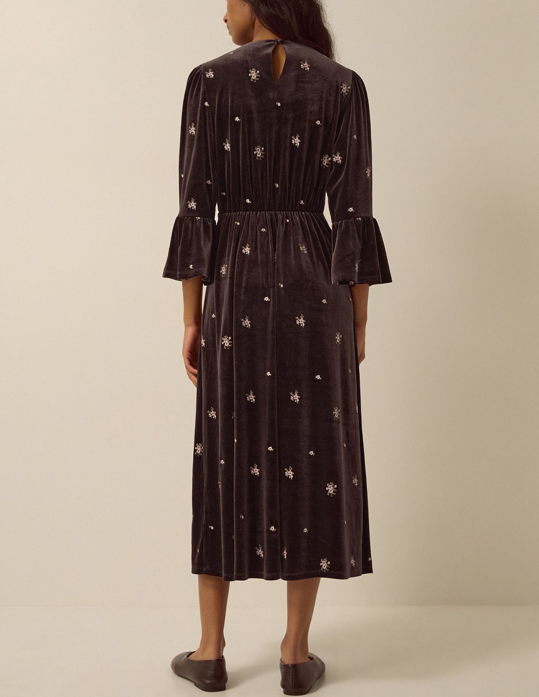 Brown Emilee Floral Embroidered Velvet Midi Dress