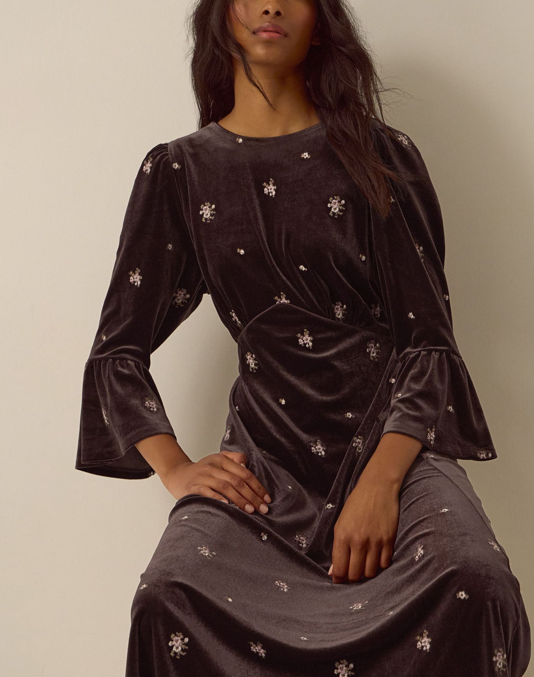 Brown Emilee Floral Embroidered Velvet Midi Dress