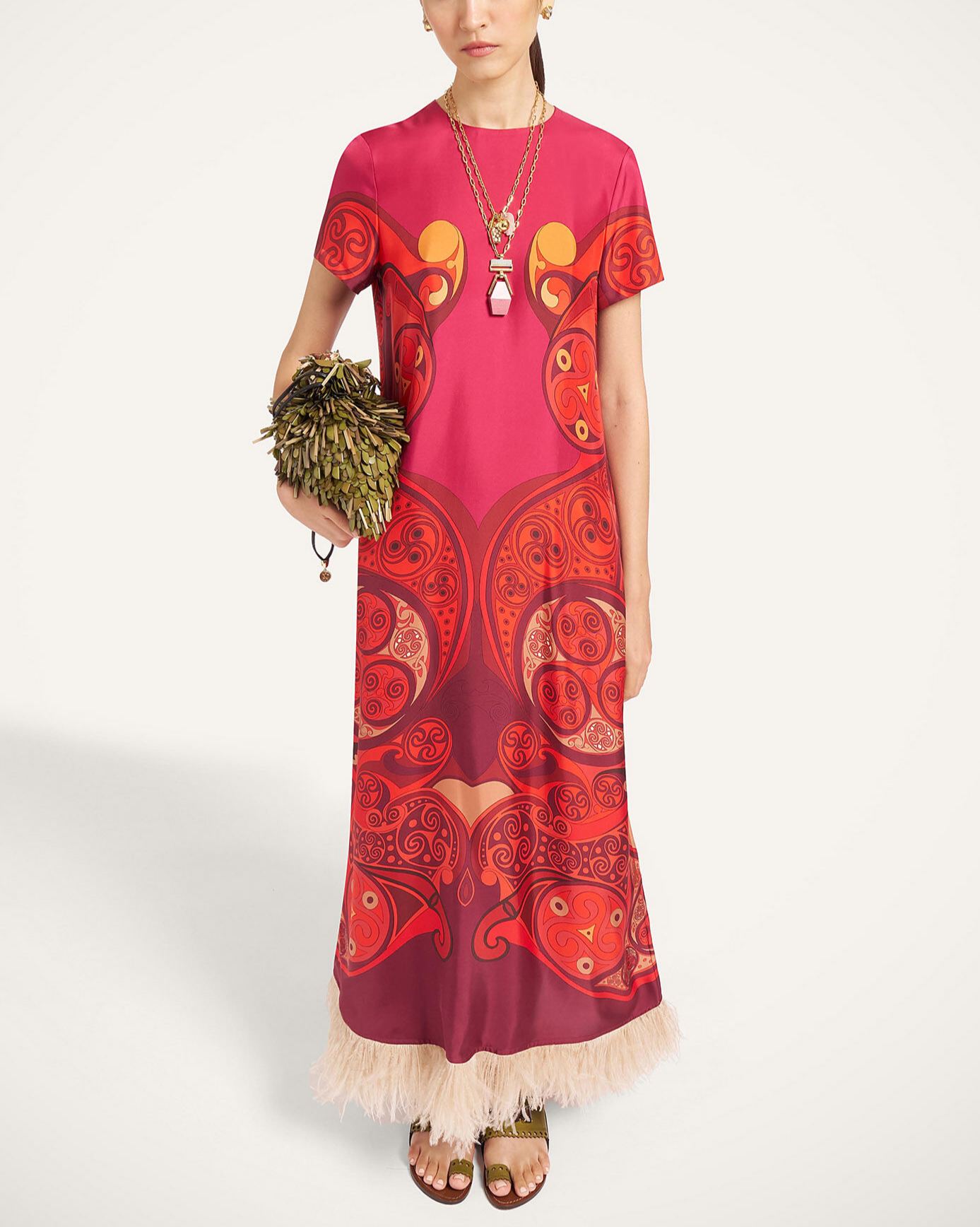 Swing Feather-Trimmed Maxi Dress