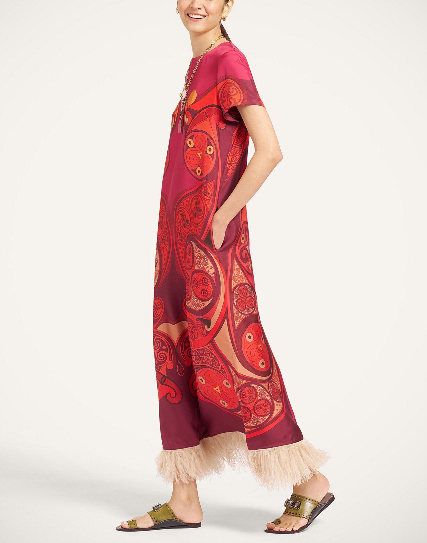 Swing Feather-Trimmed Maxi Dress