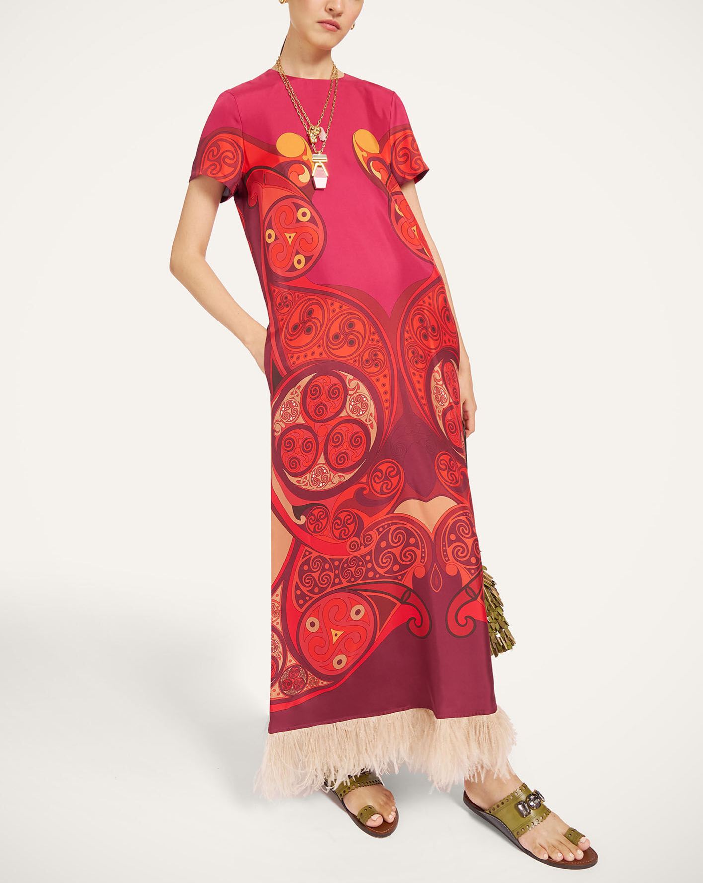 Swing Feather-Trimmed Maxi Dress