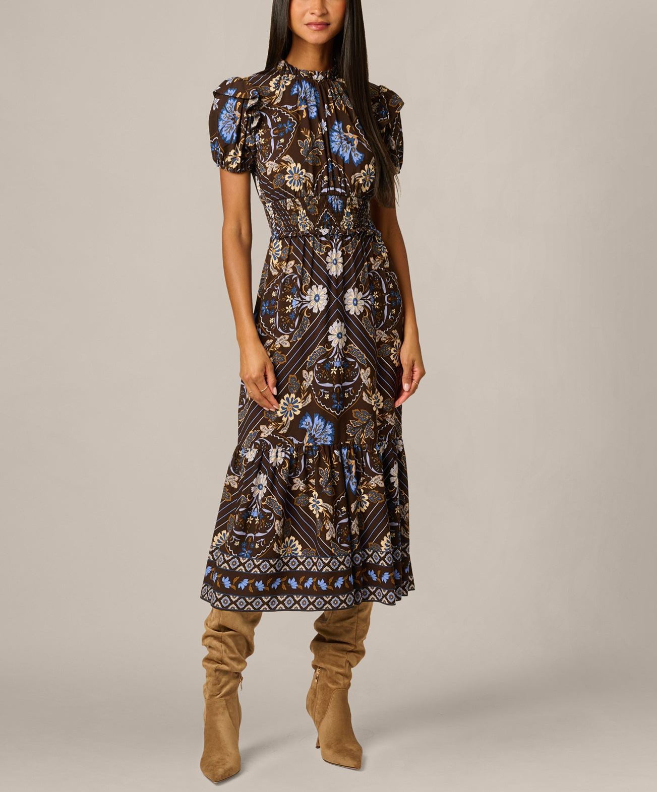 Ruffle Sleeve Floral Scarf Print Midi Dress
