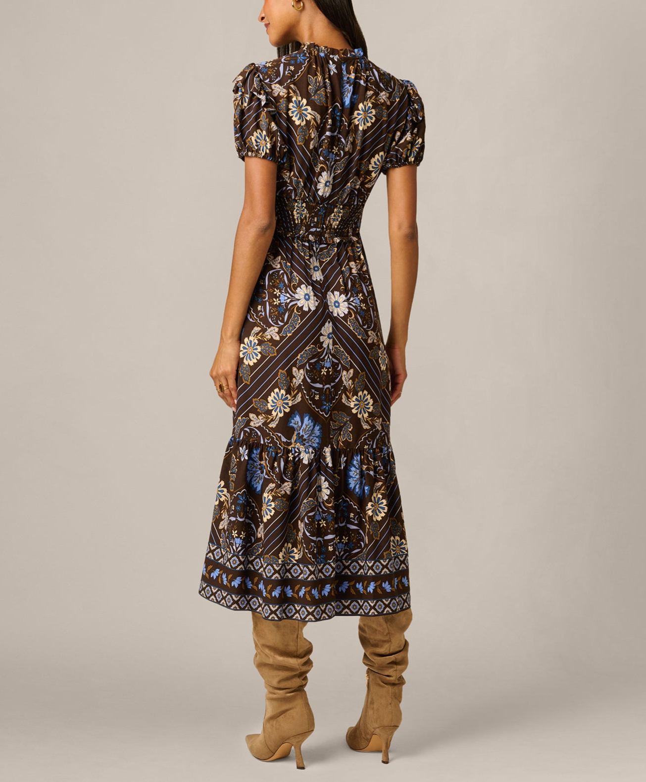 Ruffle Sleeve Floral Scarf Print Midi Dress