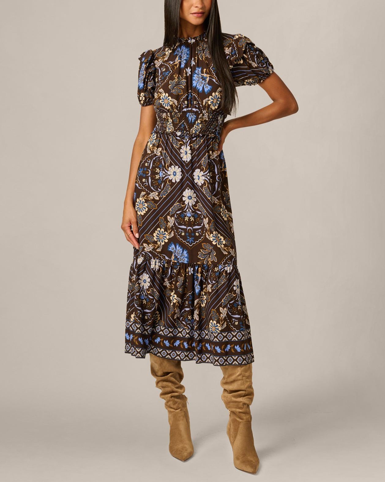 Ruffle Sleeve Floral Scarf Print Midi Dress