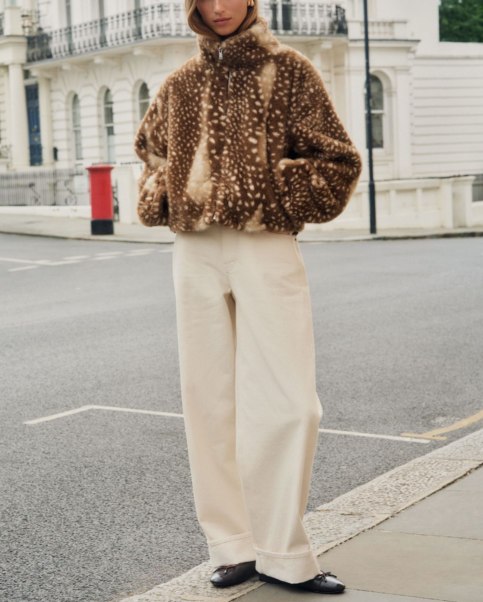 Deer Print Faux Fur Funnel Neck Zip Jacket