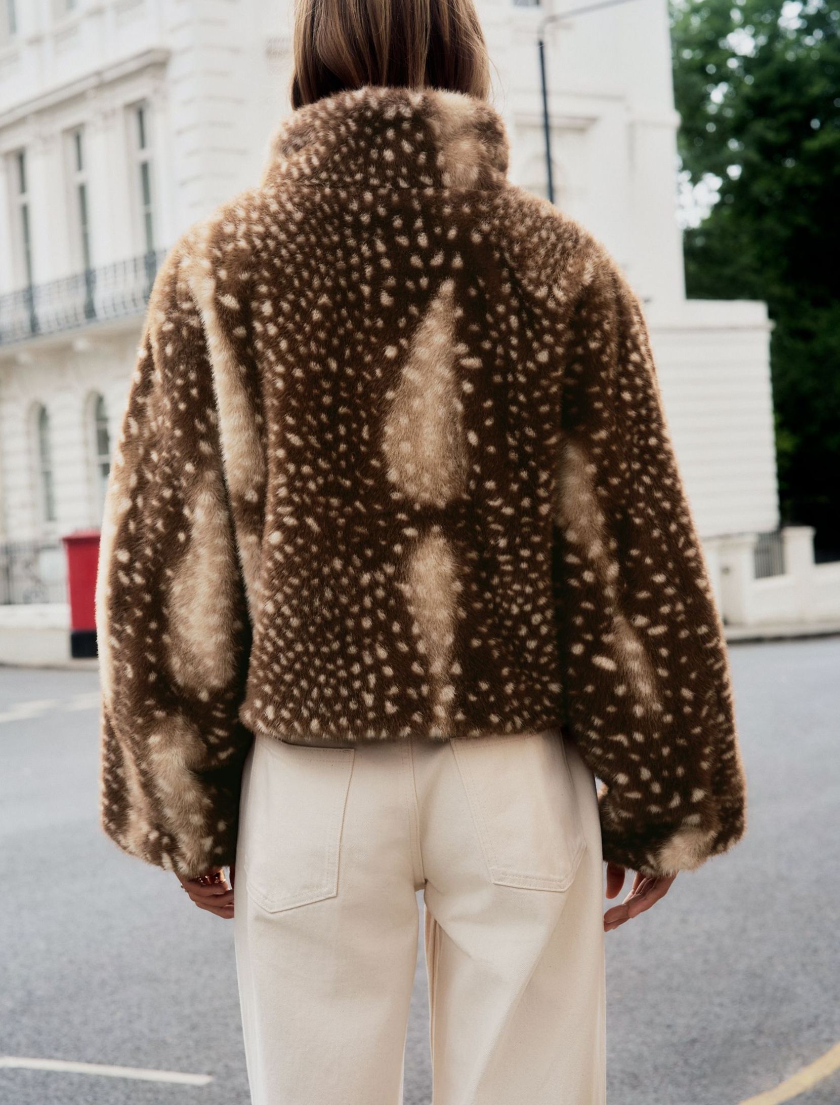 Deer Print Faux Fur Funnel Neck Zip Jacket