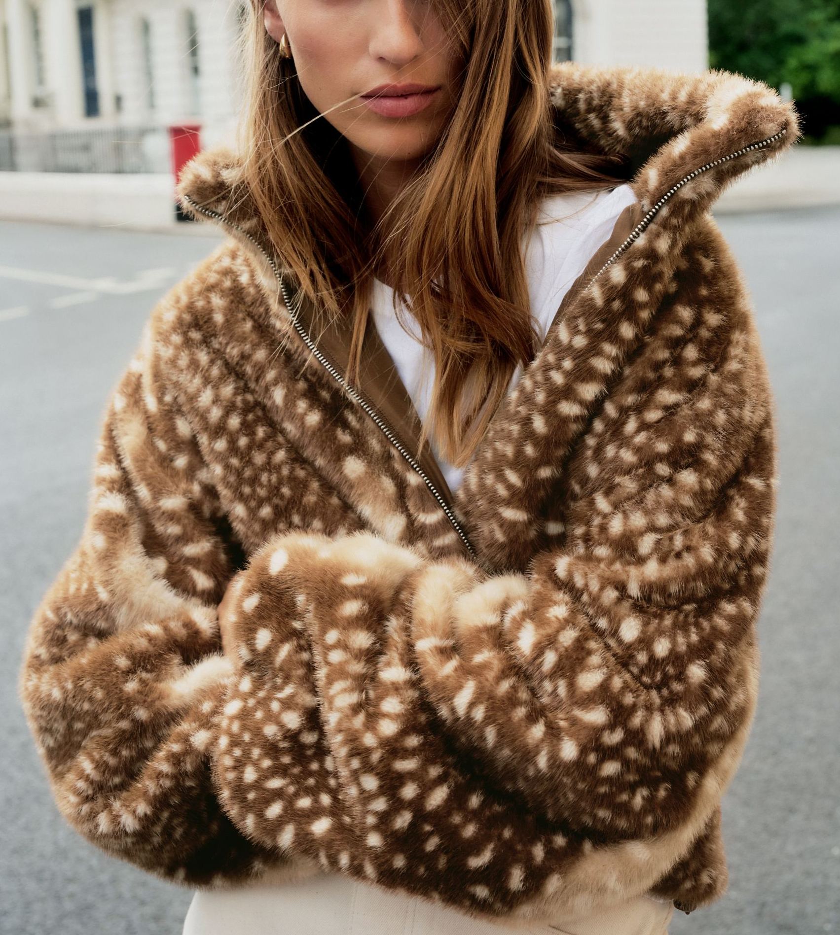 Deer Print Faux Fur Funnel Neck Zip Jacket