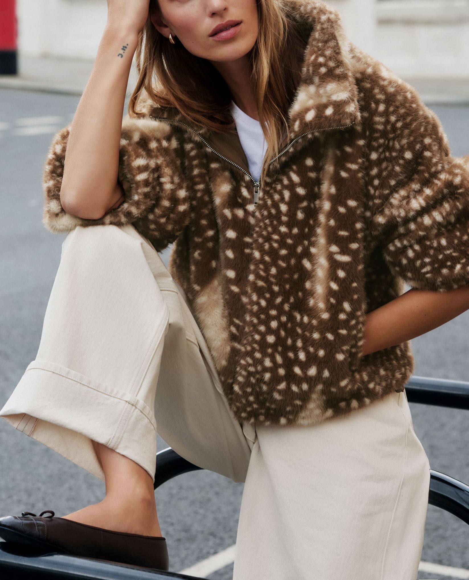 Deer Print Faux Fur Funnel Neck Zip Jacket