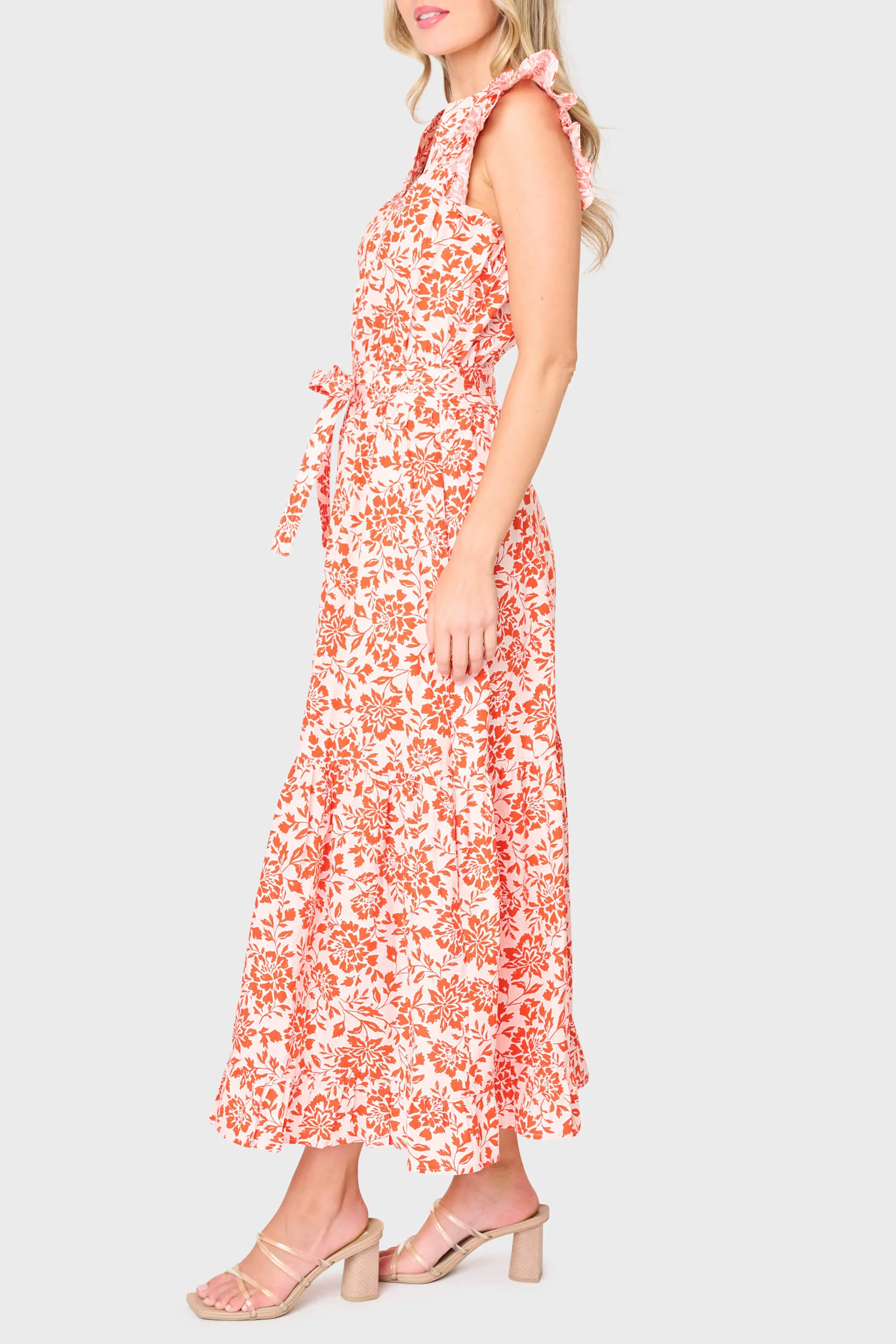 Notch Neck Flutter Sleeve Maxi Dress