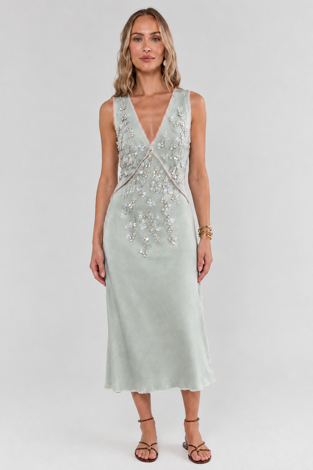 Embellished V-Neck Midi Dress