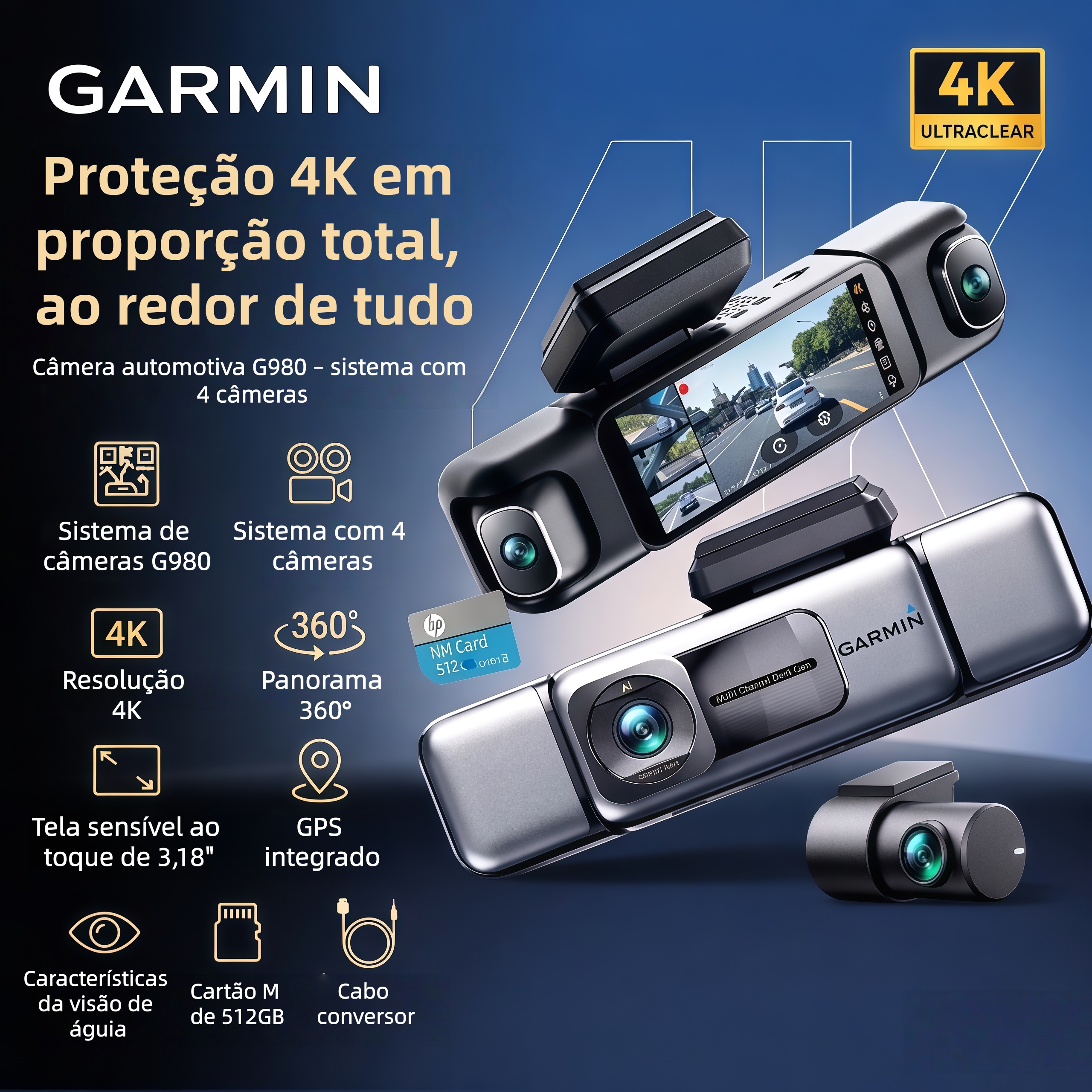 Câmara automóvel Garmin G980 com inteligência artificial e controlo por voz, equipada com quatro câmaras, ecrã panorâmico de 360°, visão noturna 4K Ultra HD e rastreamento por GPS