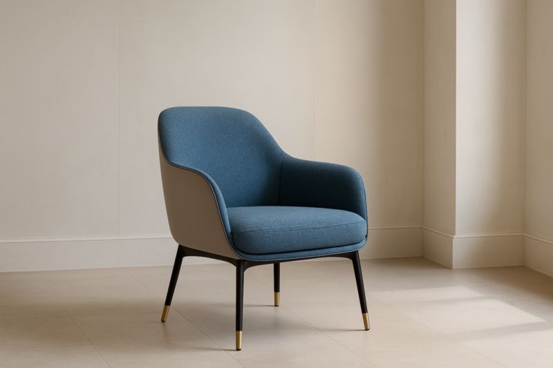 Fauteuil bleu et beige en polyester avec base métal noir