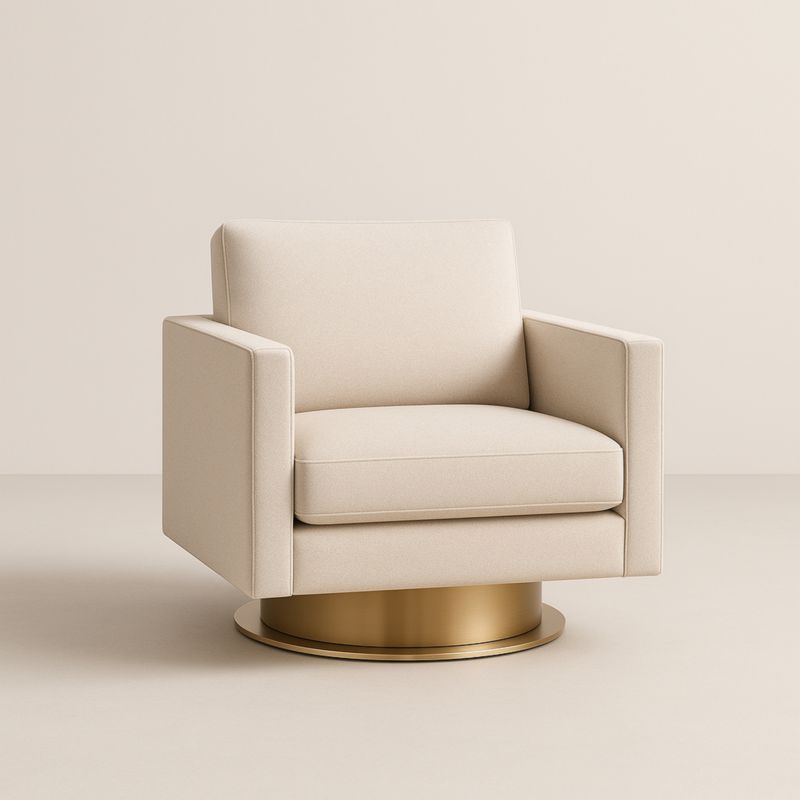 Fauteuil pivotant en tissu polyester beige avec base en métal doré