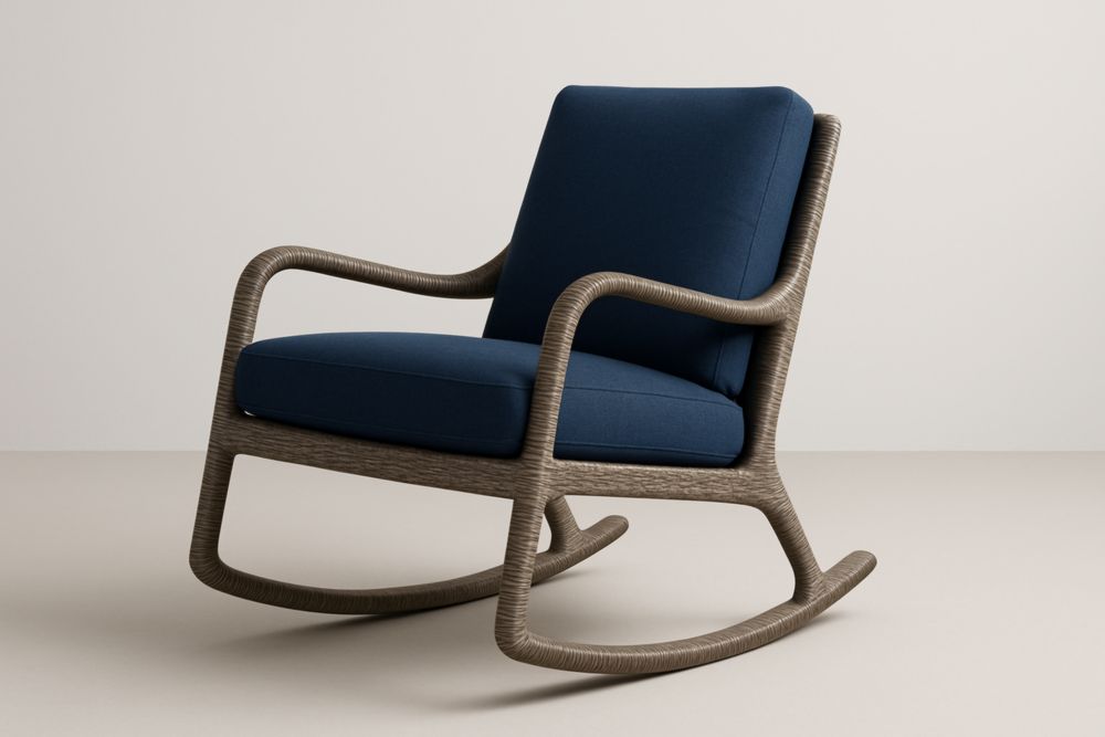 Poltrona a dondolo in rattan sintetico con tessuto in poliestere blu-Nesthavenx