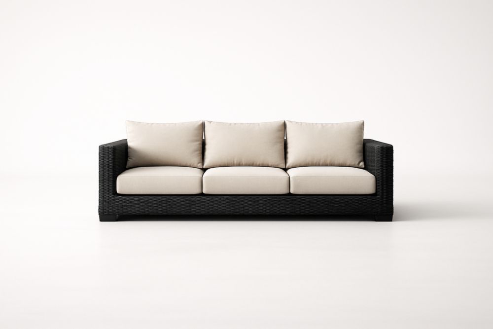 Divano da giardino a 3 posti in rattan con cuscini in tessuto poliestere beige-Nesthavenx